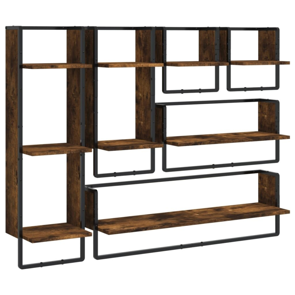 (smoked oak) vidaXL Wall Shelf Set 6 Piece with Bars Wall Mounted Shelf Engineered Wood