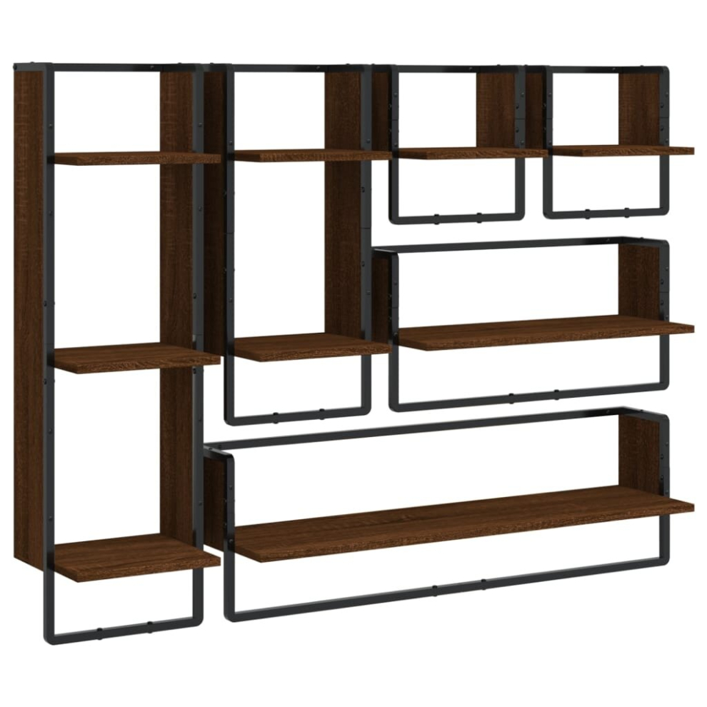 (brown oak) vidaXL Wall Shelf Set 6 Piece with Bars Wall Mounted Shelf Engineered Wood