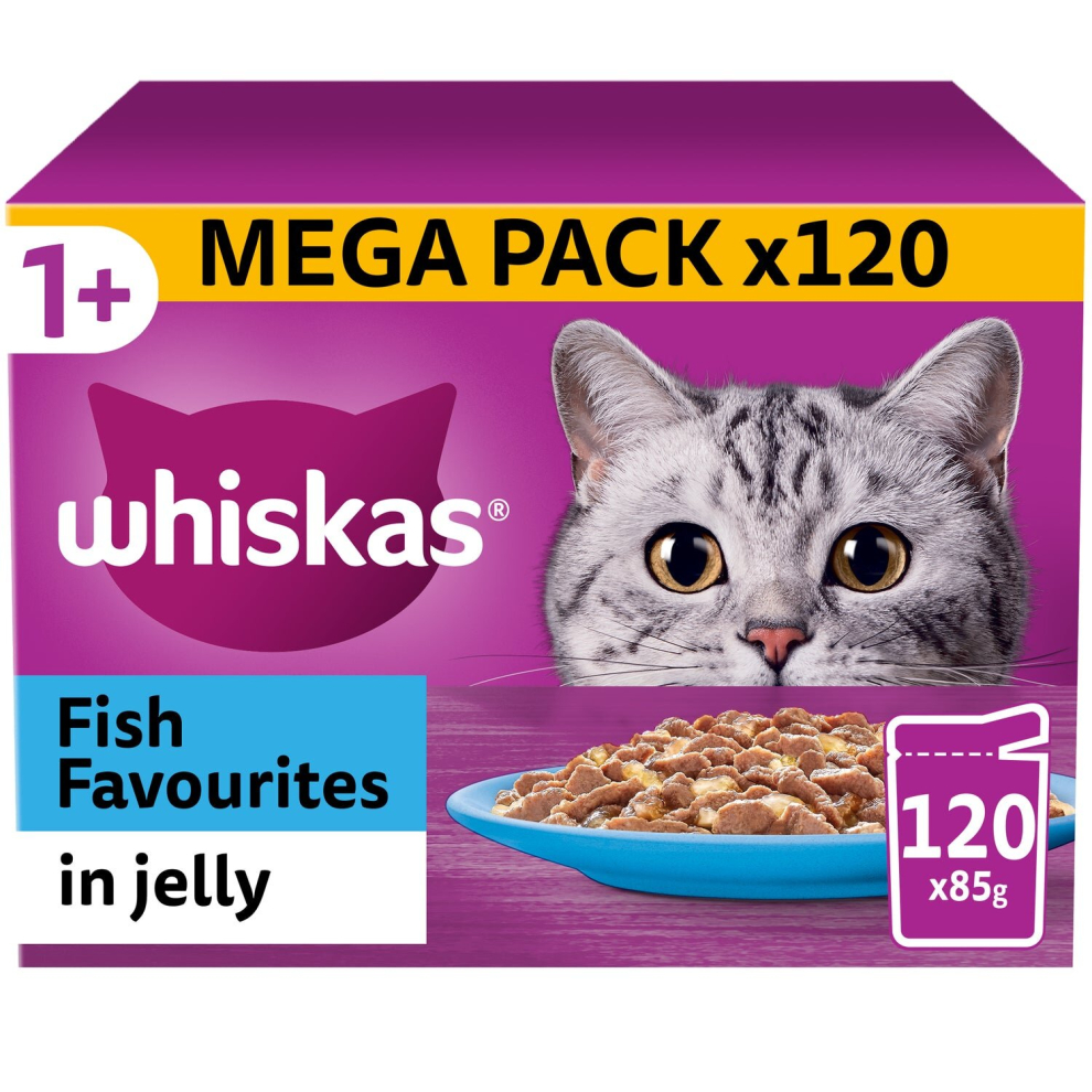 120 X 85G Whiskas 1+ Fish Favourites Mixed Adult Wet Cat Food Pouches in Jelly