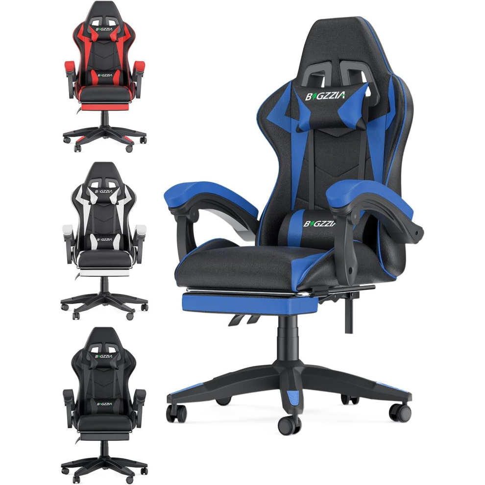 (Black and Blue) Ergonomic Gaming Chair with Footrest