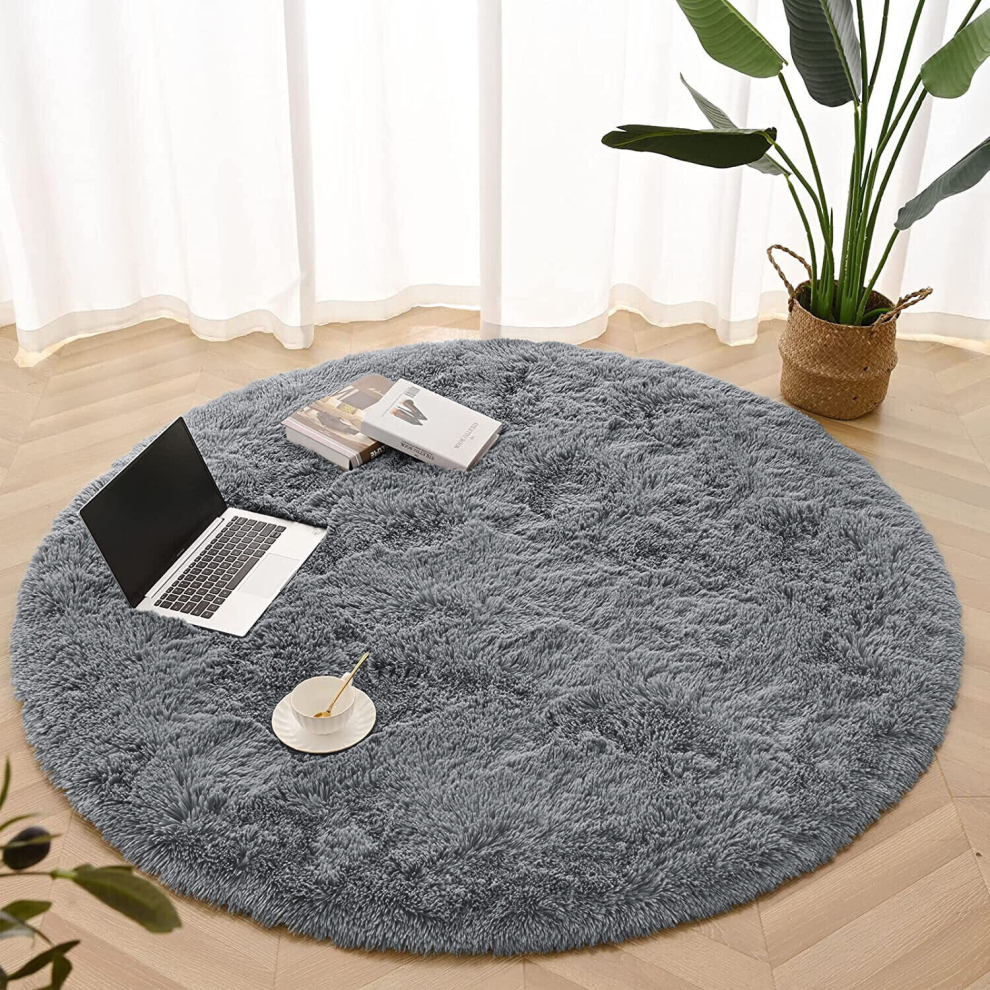 (120cm x 120cm (4ft x 4ft)- Circular Round Rug) Grey Shaggy Rugs Living Room Bedroom Runner Mats