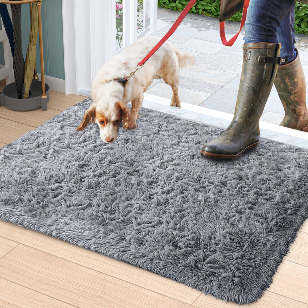 (60cm x 110cm (2ft x 3ft 7")- Large Bath Mat/ Door Mat) Grey Shaggy Rugs Living Room Bedroom Runner Mats