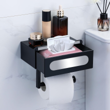 Toilet Roll Holder with Shelf Black Toilet Paper Holder with Drawer Storage Self-Adhesive Toilet Wipes Dispenser Wall Mounted