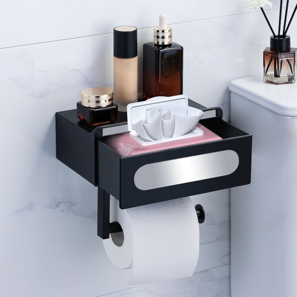 Toilet Roll Holder with Shelf Black Toilet Paper Holder with Drawer Storage Self-Adhesive Toilet Wipes Dispenser Wall Mounted