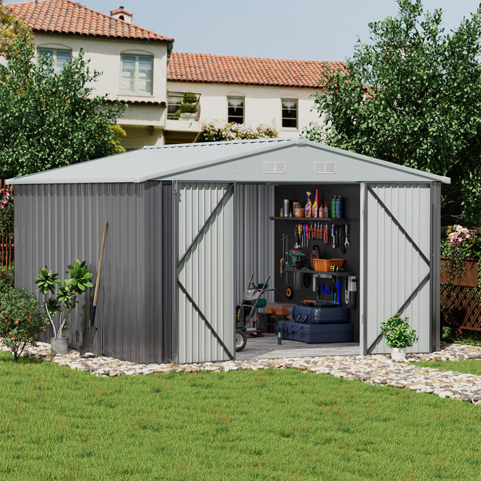 10 x 12 ft Grey Apex Metal Shed Garden Storage Shed with Lockable Door