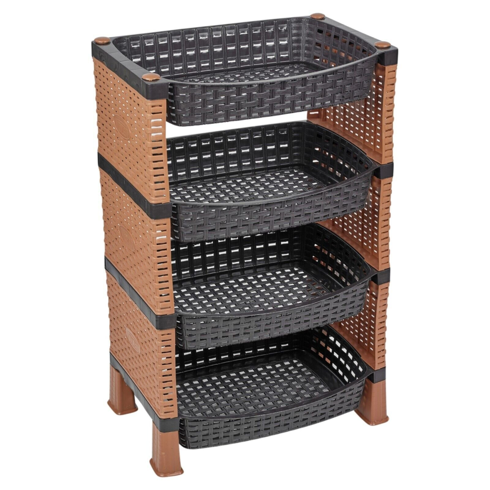 (  Brown) 4 Tier Shelves Fruit Vegetable Baskets Storage Cart Rack Home Kitchen Organiser