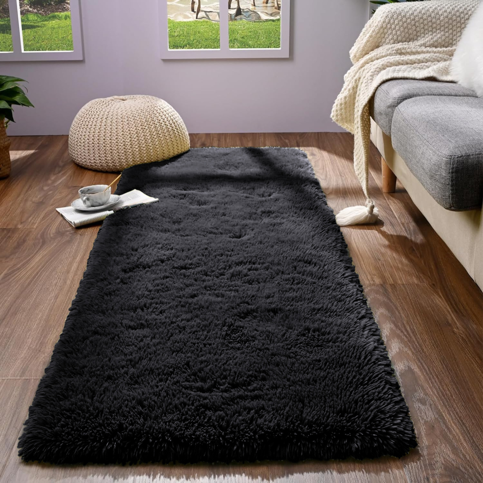 (60x220cm, Black) NON SLIP BATH DOOR MATS SHAGGY SOFT KITCHEN HALLWAY RUNNER RUGS