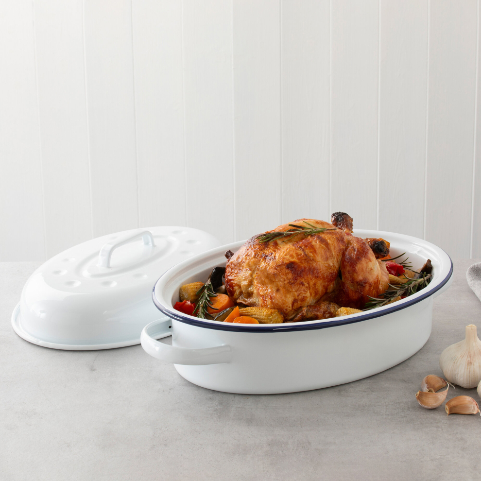 Enamelled Casserole Dish 4 Litre Pot With Lid White Blue