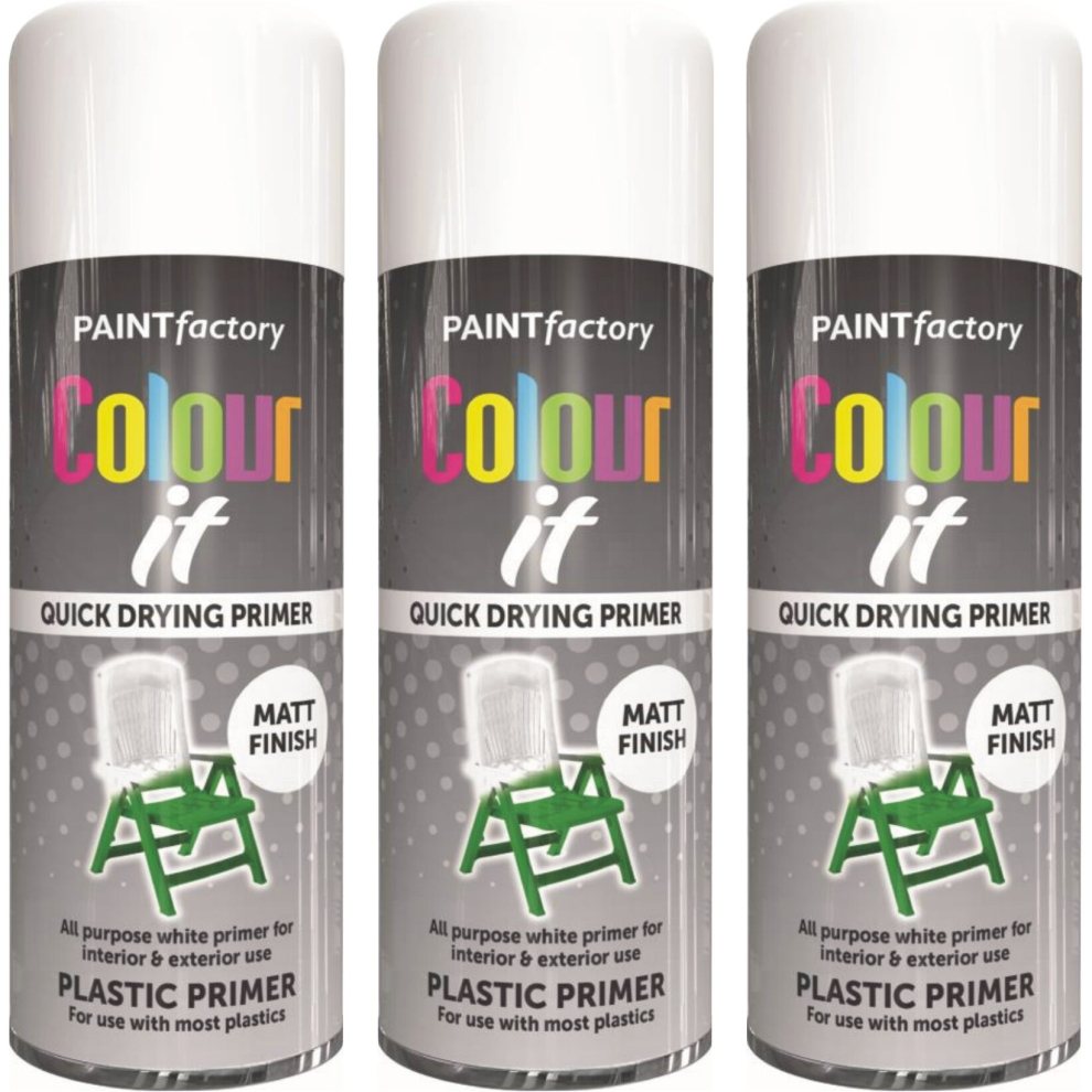 3 x 400ml White Plastic Primer Spray Paint All-Purpose Matt Wood Metal