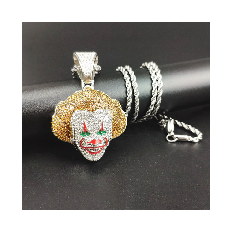 (silvery) Funny Christmas Classic Dress Up V Stranger Clown Hip Hop Necklace European And American Faux Diamond Cool Personality Circus Clown Pendant Necklace