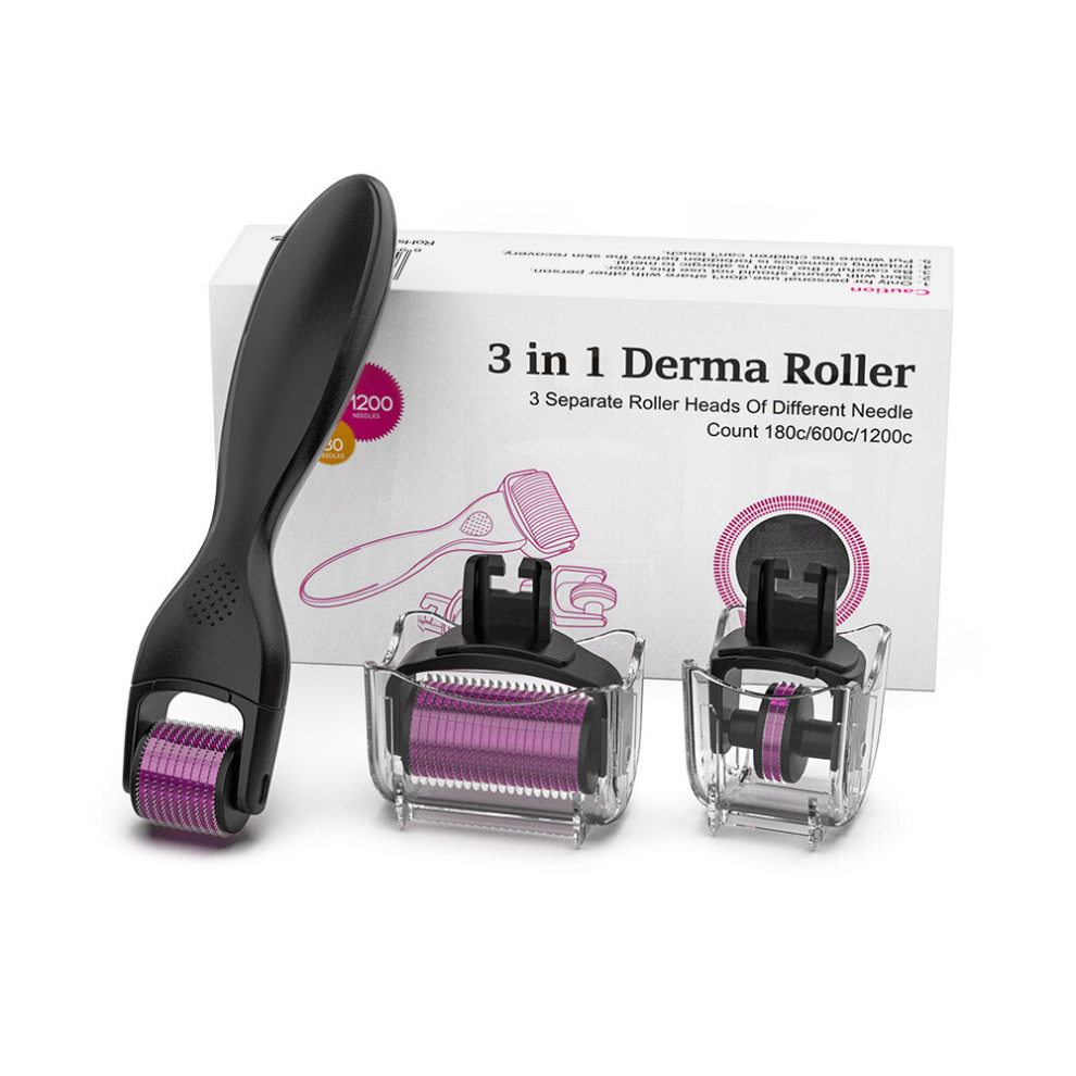 Stoyotu Black/Purple ( Purple) Derma Roller Microneedle Derma Roller Drs 3 In 1 Kit 180 600 1200 Titanium Needles Machine For Face Body Massage Skin Care 0.5Mm 1.0Mm
