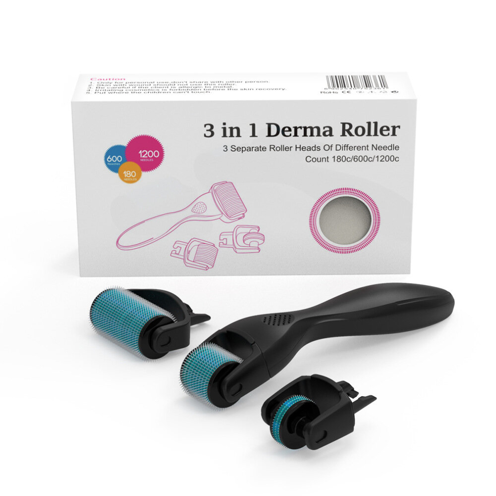 Stoyotu Black/Blue ( Blue) Derma Roller Microneedle Derma Roller Drs 3 In 1 Kit 180 600 1200 Titanium Needles Machine For Face Body Massage Skin Care 0.5Mm 1.0Mm 1.