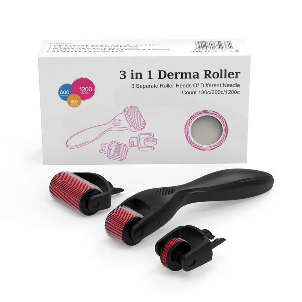 Stoyotu Black/Red ( Red) Derma Roller Microneedle Derma Roller Drs 3 In 1 Kit 180 600 1200 Titanium Needles Machine For Face Body Massage Skin Care 0.5Mm 1.0Mm 1.5
