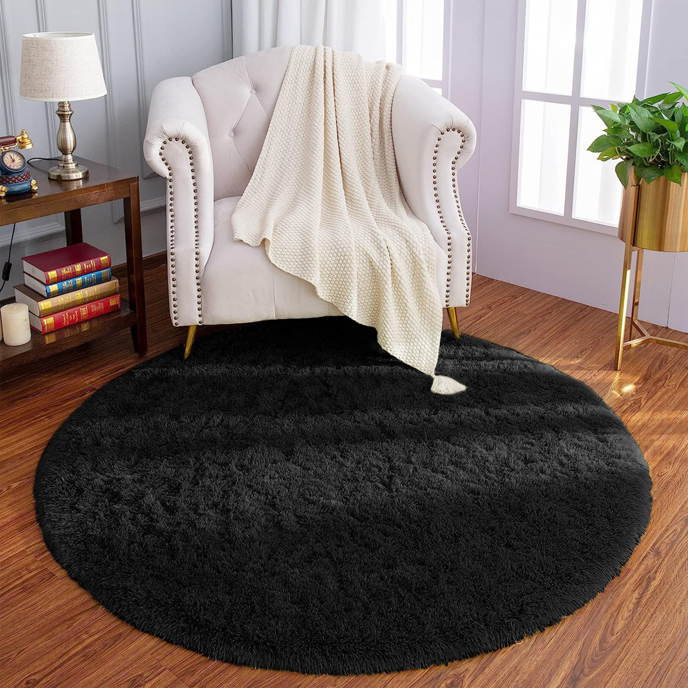 (120 x 120 cm (4 x 4 ft)_Round Rug, Black) Non Slip Rugs Shaggy Thick Large Living Room Rugs Bedroom Carpets Hallway Runner & Bath Door Mats