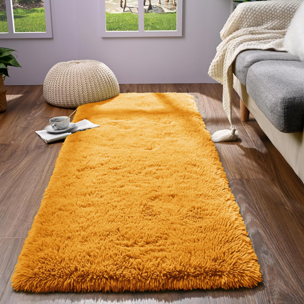 (60cm x 220cm (2ft x 7ft 7")_Runner, Mustard/Ochre) Non Slip Rugs Shaggy Thick Large Living Room Rugs Bedroom Carpets Hallway Runner & Bath Door Mats