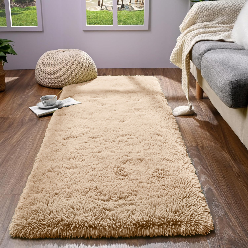 (60cm x 220cm (2ft x 7ft 7")_Runner, Beige) Non Slip Rugs Shaggy Thick Large Living Room Rugs Bedroom Carpets Hallway Runner & Bath Door Mats