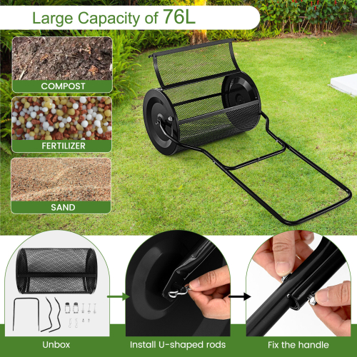 Costway 27" Compost Spreader Metal Peat Moss Spreader Mesh Roller W/ U-shaped Handle 1