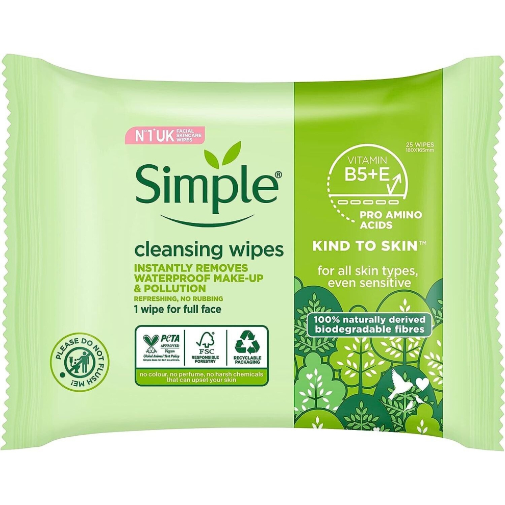 Simple Biodegradable Cleansing Face Wipes 25 Wipes