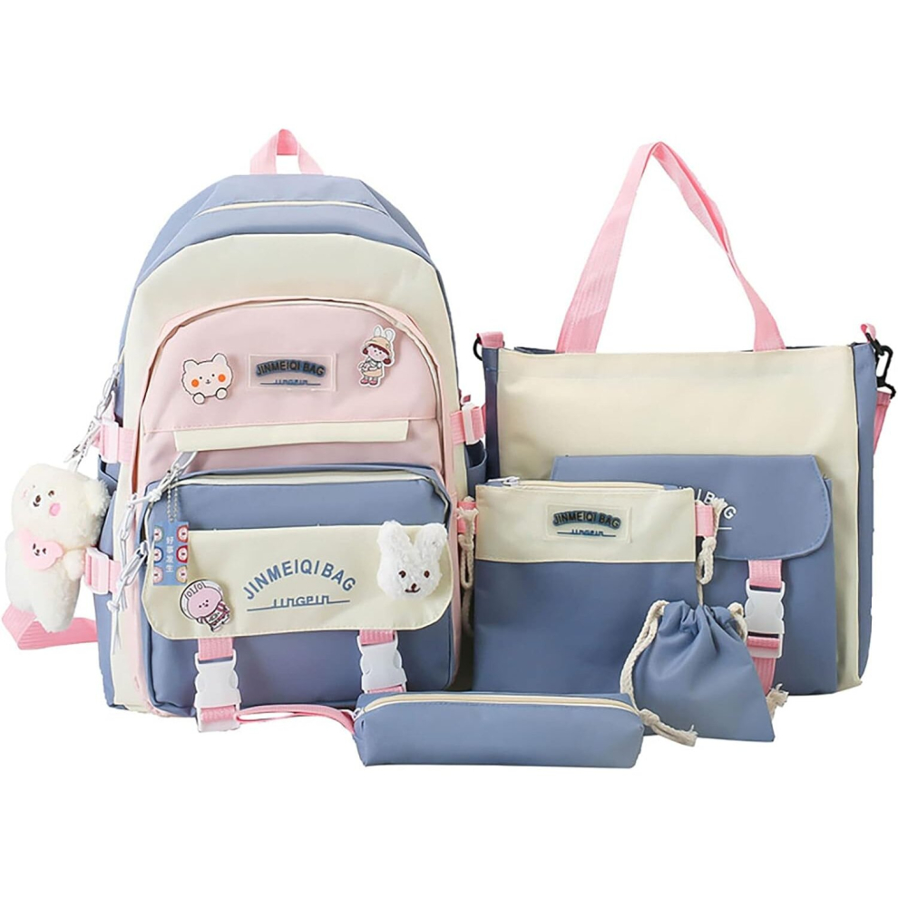 Kawaii backpack set of 5 pieces aesthetic backpack for school teenage girls' daily necessities with charm and pins,pencil case, tote bag,small bag.