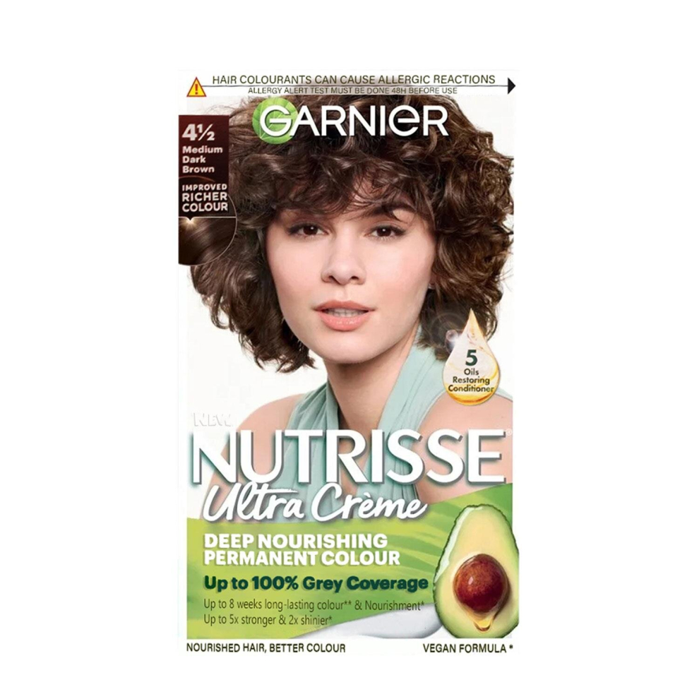 Garnier Nutrisse Brown Hair Dye Permanent, Up to 100 Percent Grey Hair Coverage, with NEW 5 Oils Conditioner - 4.12 Medium Dark Brown