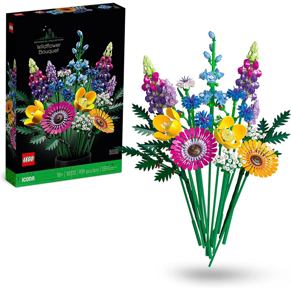 (Single) 10313 Icons Wildflower Bouquet Set, Artificial Flowers with Poppies and Lavender & 10281 Icons