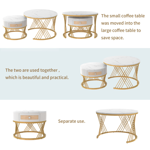 (White+Gold) 2-in-1 Round Coffee Table Made of MDF 2
