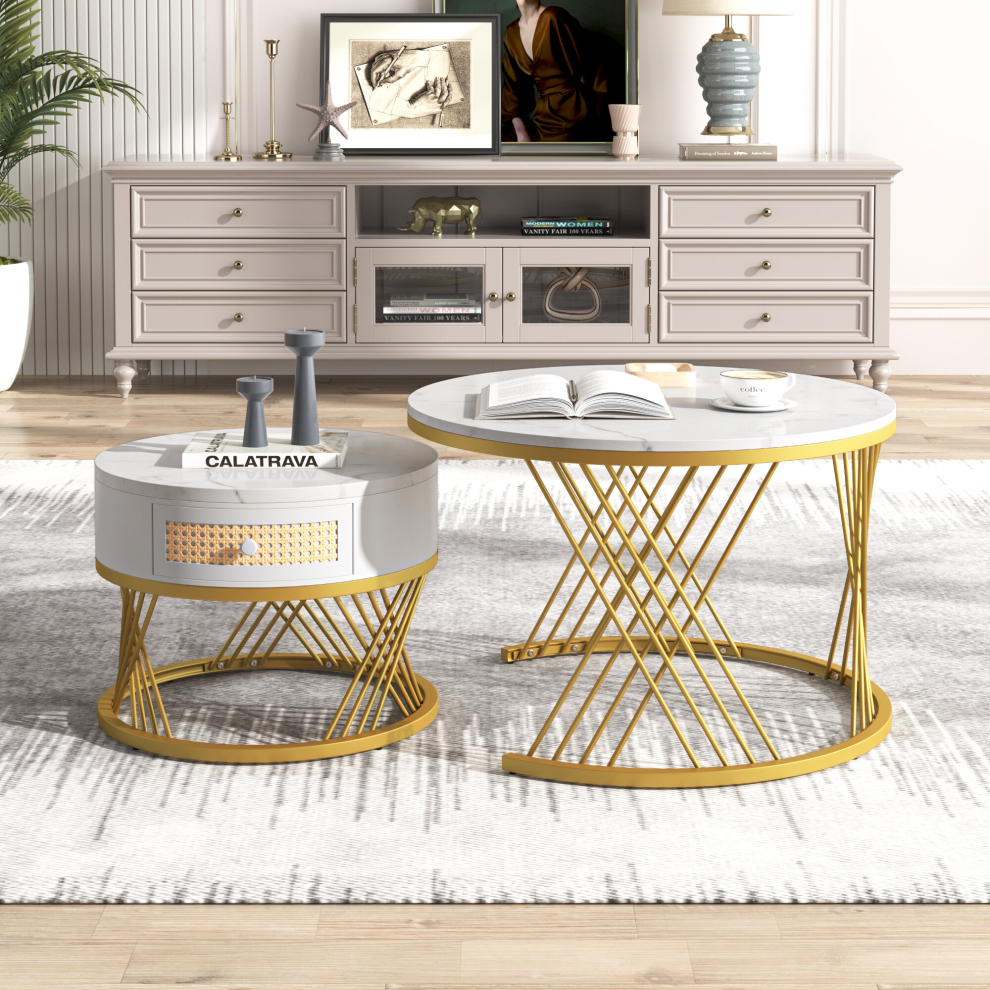 (White+Gold) 2-in-1 Round Coffee Table Made of MDF