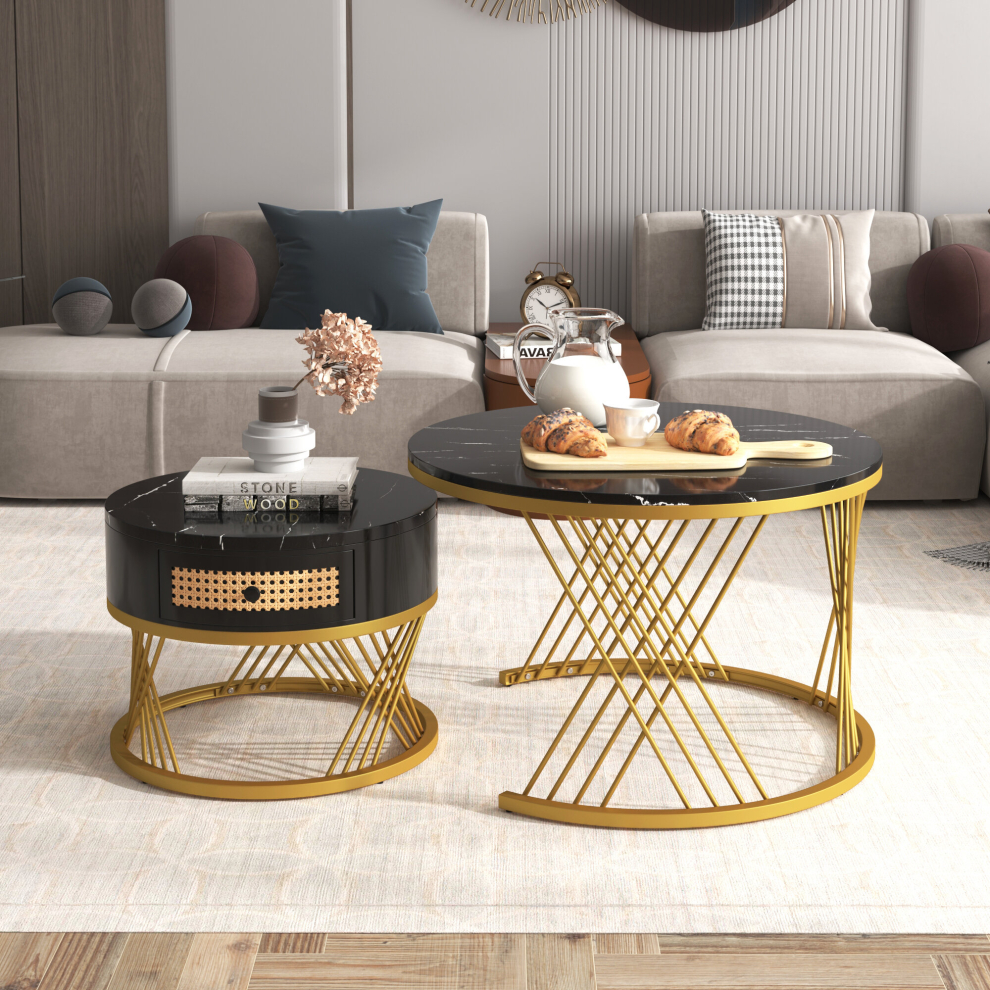 (Black+Gold) 2-in-1 Round Coffee Table Made of MDF