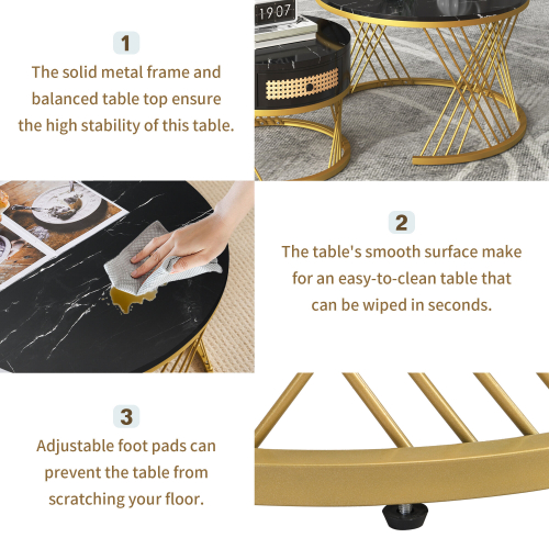 (Black+Gold) 2-in-1 Round Coffee Table Made of MDF 1