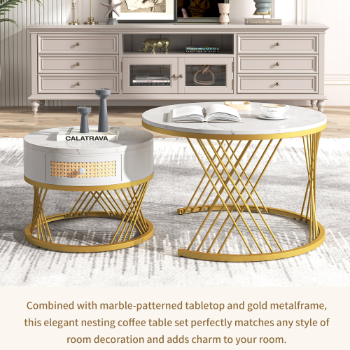 (White+Gold) 2-in-1 Round Coffee Table Made of MDF 1