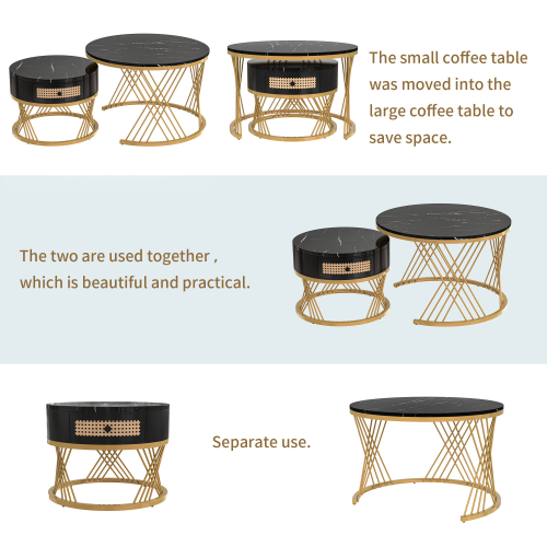 (Black+Gold) 2-in-1 Round Coffee Table Made of MDF 2