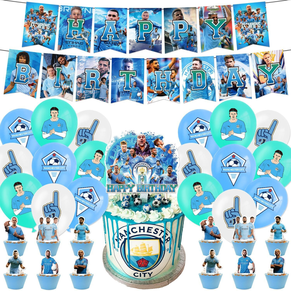 Football Team Manchester City Birthday Party Decoration Football Star Flag Banner Balloon Cake Insert Fan Party With