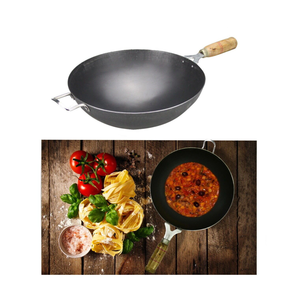 Iron Karahi Kadai Deep Wok Stir Fry Pan Wooden Handle Chinese