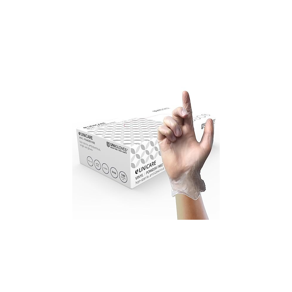 Unigloves Unicare Vinyl Multipurpose Disposable Gloves, Powder Free, Latex Free, Medium Weight, Box Of 100 Gloves, Clear, Size Medium Gs0063