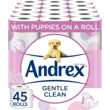 Andrex Gentle Clean Toilet Rolls - 45 Toilet Roll Pack Bulk Buy Toilet Rolls Gentle and Soft on Your Family's Skin Dermatologically Tested
