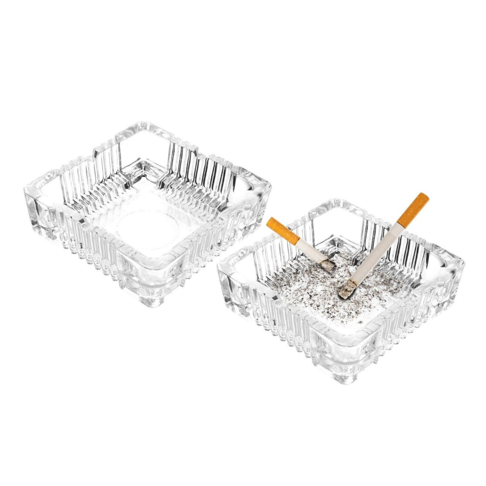 Square Cut Glass Ashtray Clear Set of 2 Smoker Ash Tray Stackable