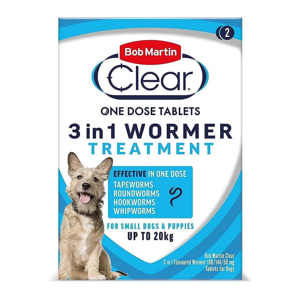 Bob Martin Clear 3 in 1 Wormer Tablets for Small Dogs & Puppies (up to 20kg) Clinically Proven Treatment (2 Tablets)