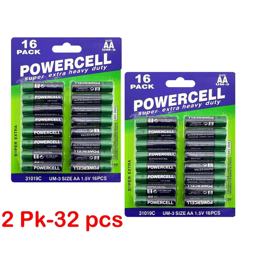 (AA Battery, 2Pk-32 Pcs) 16 X Power cell AA &AAA Battery 1.5V Heavy Duty Batteries Value Pack Zinc 32/48