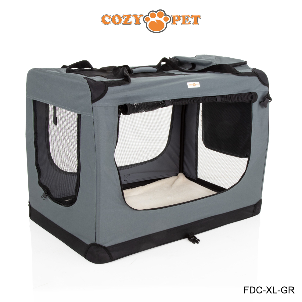 Fabric Dog Crate Grey, XL Size 90cm, Cat Pet Carrier by Cozy Pet Transport Travel Cage FDC-XL-GR