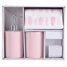 (Pink) Bathroom Set Soap Dispenser Toothbrush Tumbler Shower Curtain Ceramic 3pc