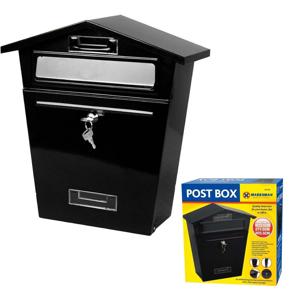 Marksman Black Steel Post Box Letter Mail Wall Mounted Home Office Outdoor Lockable Keys