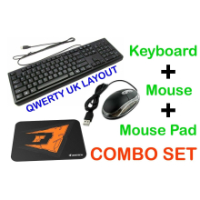 (Combo Set (Kybrd+Mse+Pad)) USB Wired OPTICAL Keyboard Mouse PAD MAT Combo Set UK layout PC Laptop Home Offi