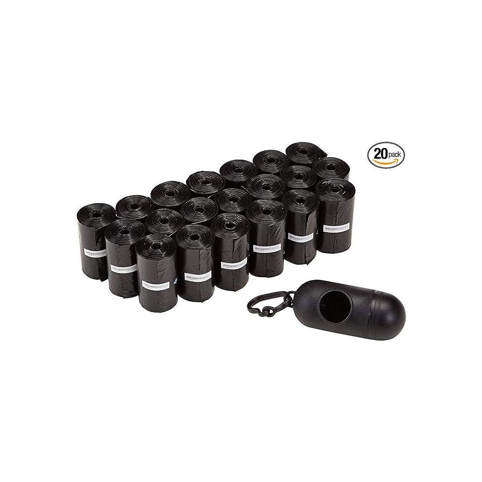 Amazon Basics Dog Poop Bags With Dispenser and Leash Clip Unscented 15 Count  Total 300 Count, Black 13 Inch x 9 Inch (Pack of 20)