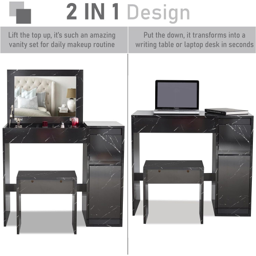 (Black Marble) Dressing Table with Flip Up Mirror and Stool, Vanity Makeup Table Drawers Storage Unit Cosmetic Bedroo 2