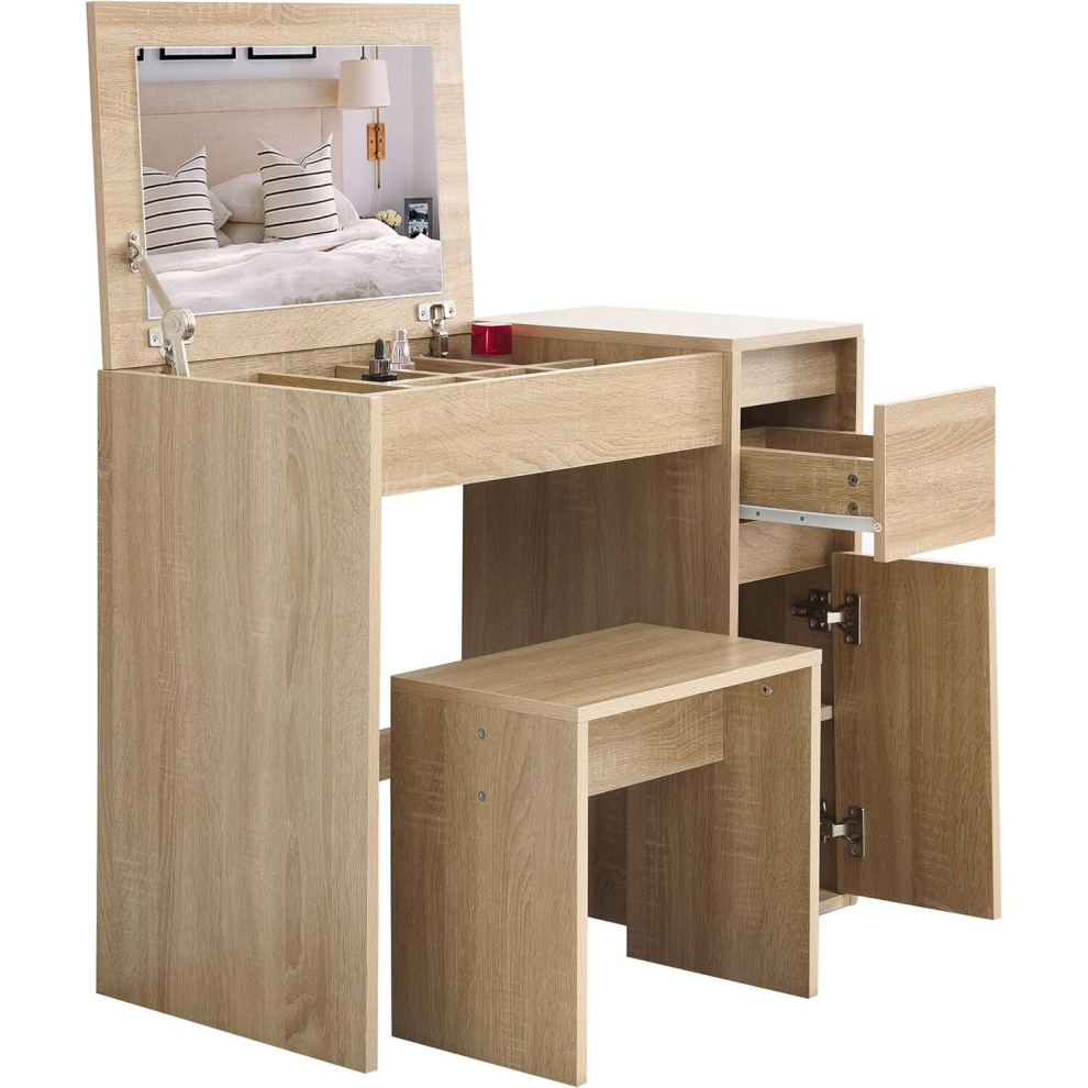 (Oak Dressing Table) Dressing Table with Flip Up Mirror and Stool, Vanity Makeup Table Drawers Storage Unit Cosmetic Bedroo