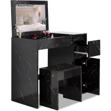 (Black Marble) Dressing Table with Flip Up Mirror and Stool, Vanity Makeup Table Drawers Storage Unit Cosmetic Bedroo