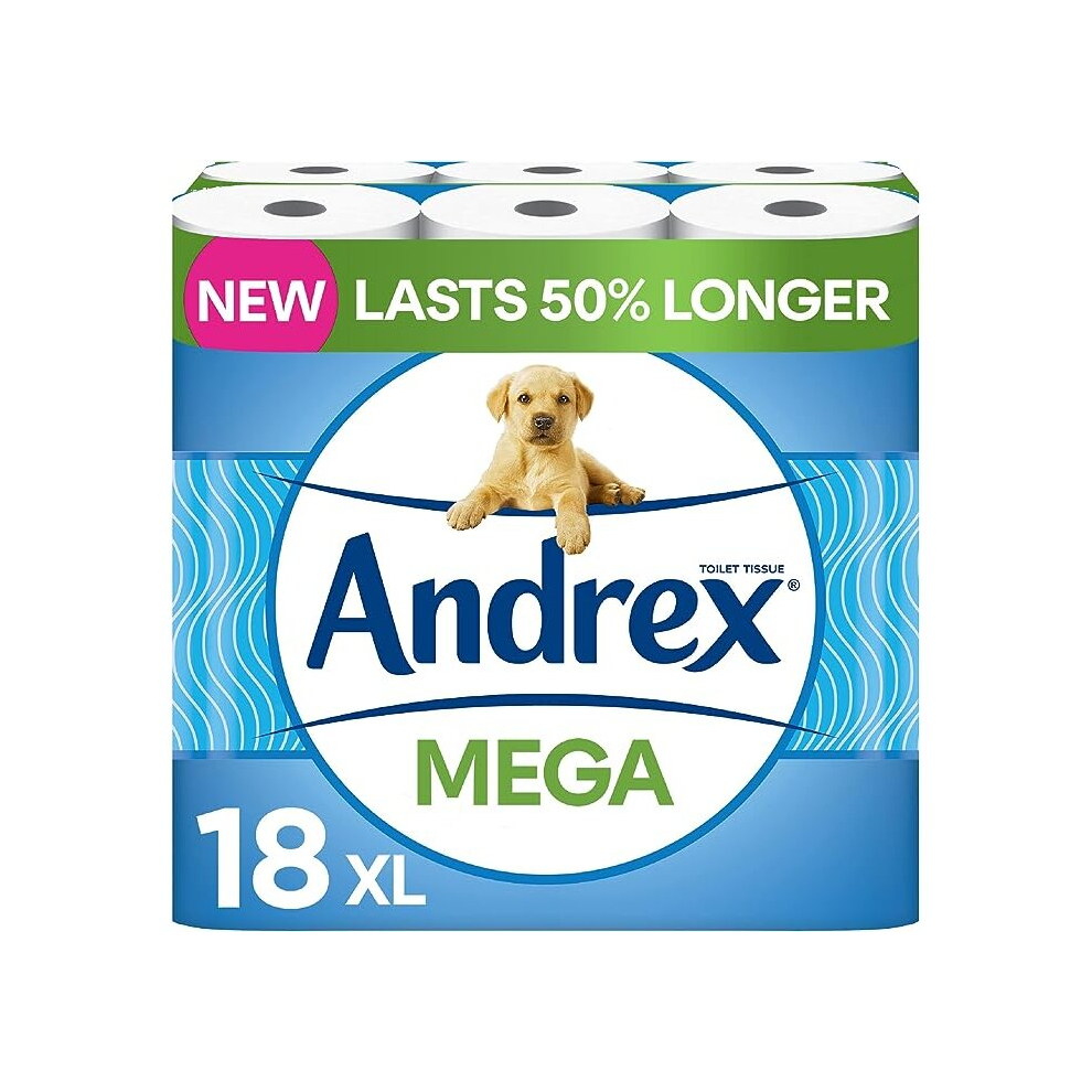 Andrex Classic Clean Mega Toilet 2-Ply Roll 18 Xl Rolls Same Quality Roll Lasts Even Longer = 27 Standard White