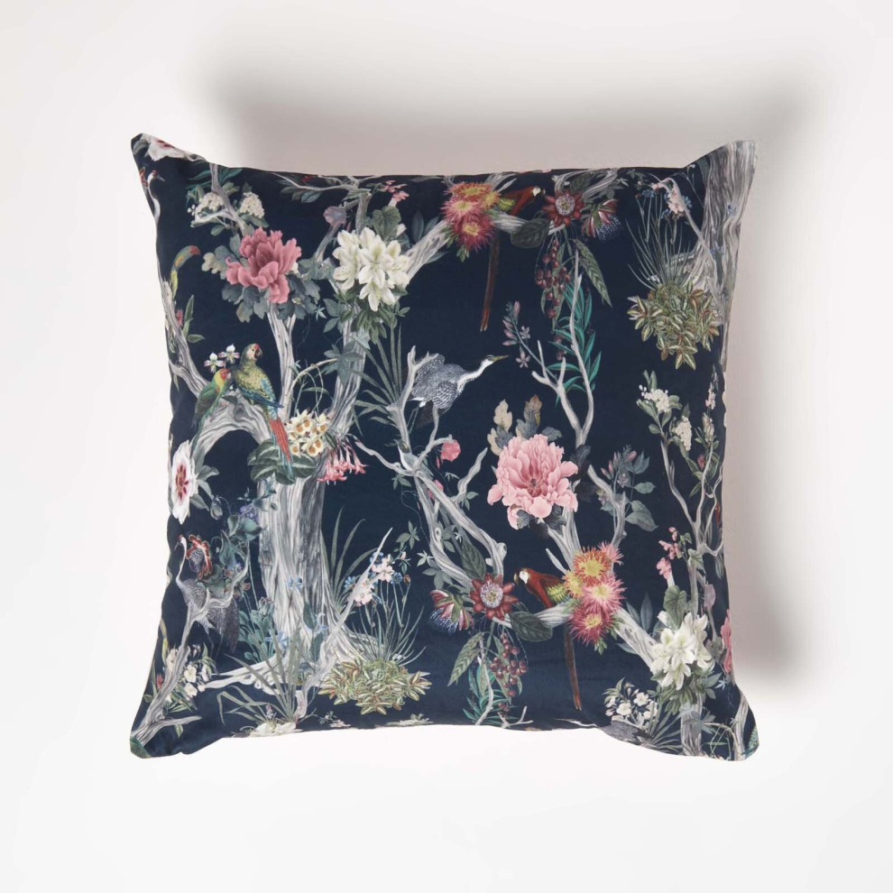 Homescapes Floral Garden Parrot Filled Velvet Cushion 46 X 46 Cm