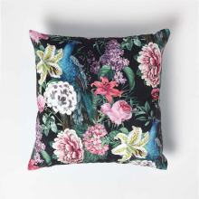 Floral Peacock Black & Teal Filled Velvet Cushion 46 x 46 cm