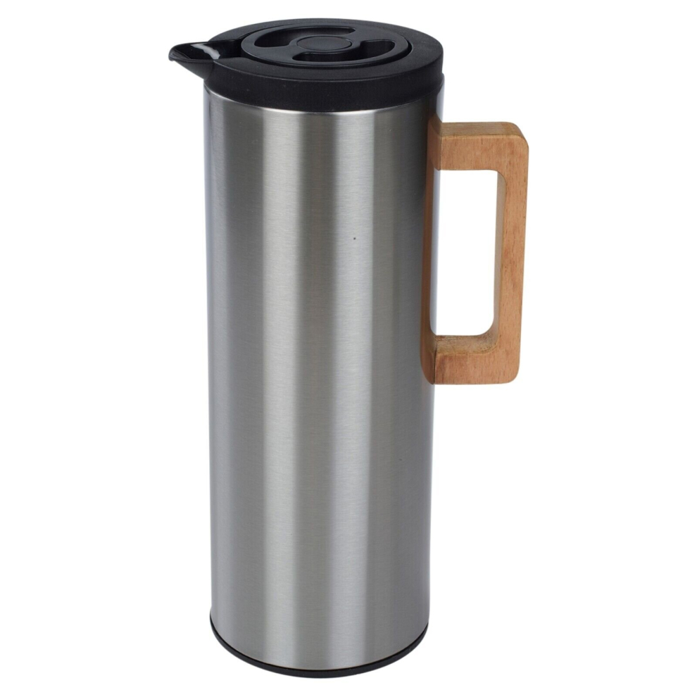 Thermal Vacuum Jug Carafe Double Wall Insulated Stainless Steel Wooden Handle 1L